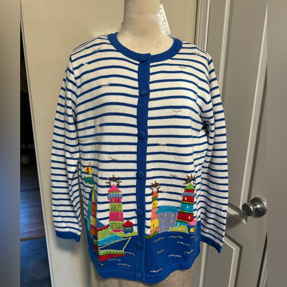 QUACKER FACTORY Sweater Lighthouse Seagull Sailboat Waterfront Cardigan M NEW